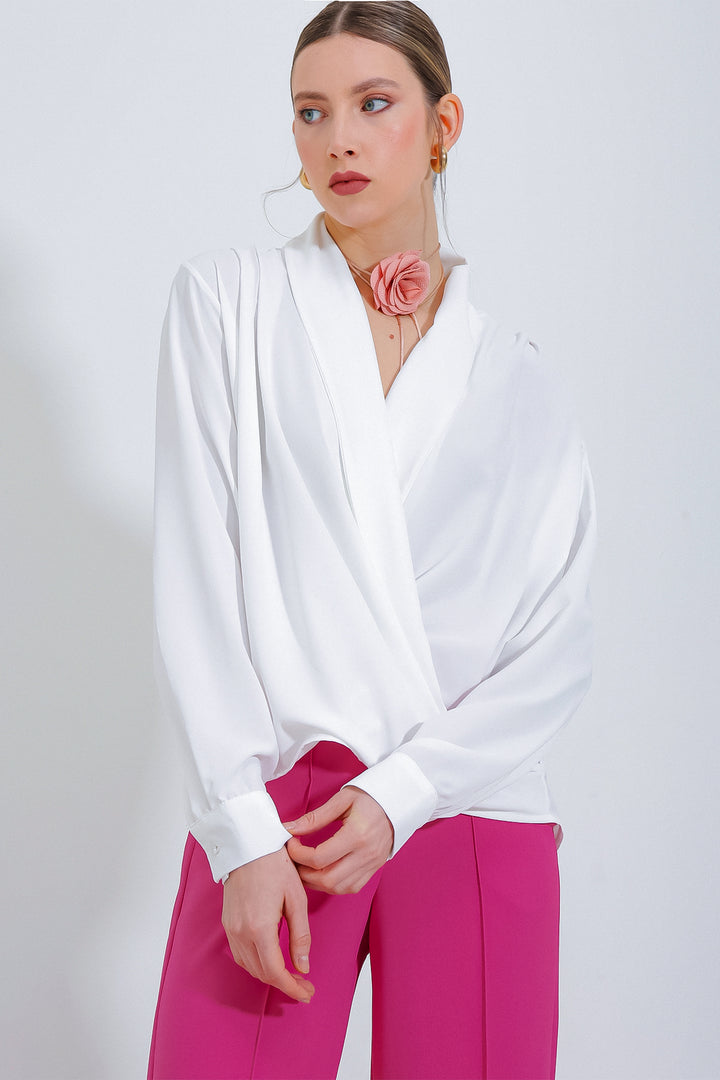 BGD Women Woman White Wrap Neck Draped Satin Blouse 0492 - Avondale