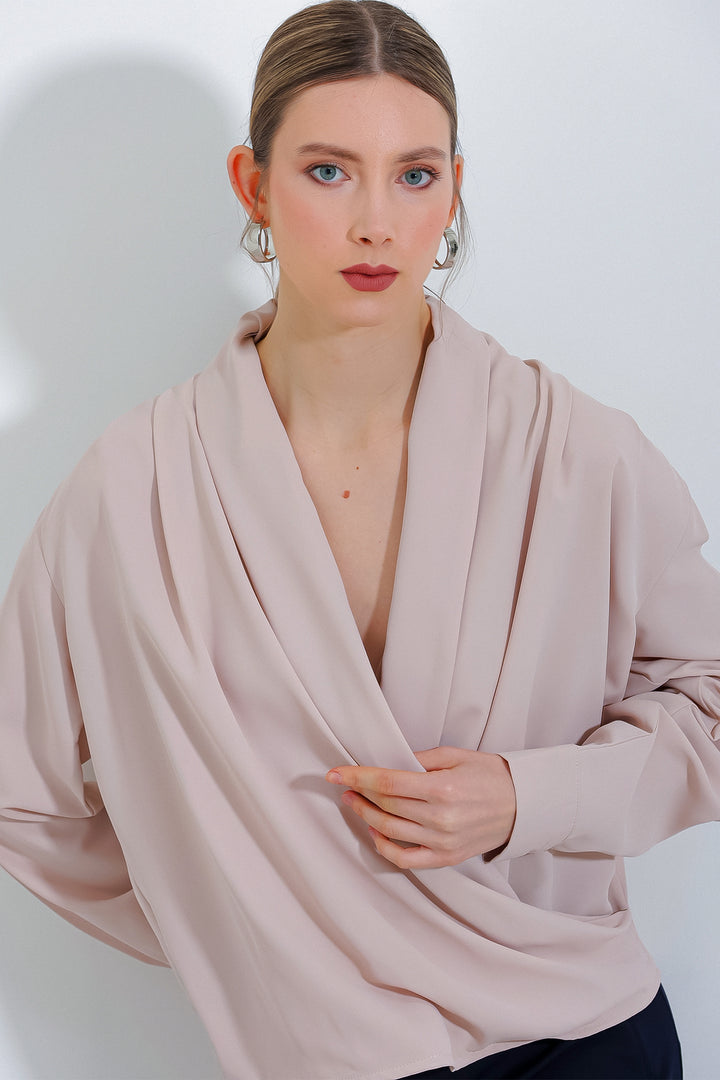 BGD Women Woman Cream Wrap Neck Draped Satin Blouse 0492 - Avondale