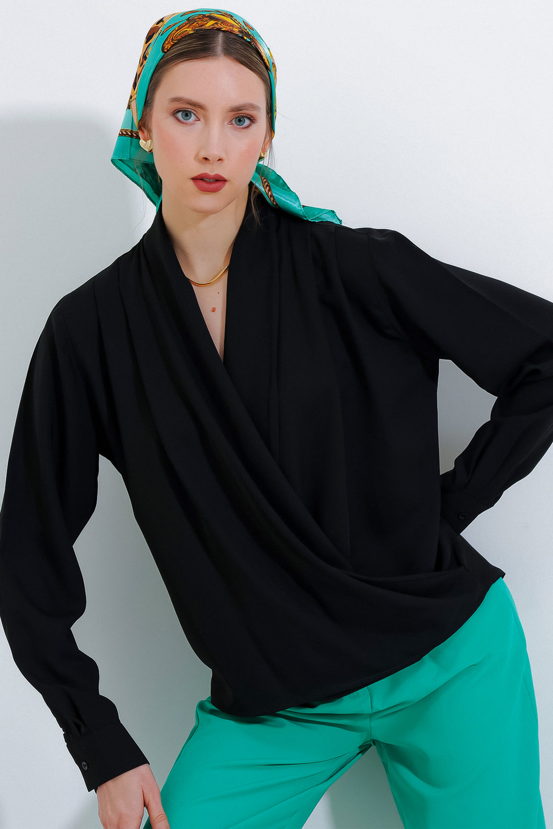 BGD Women Woman Black Wrap Neck Draped Satin Blouse 0492 - Avondale