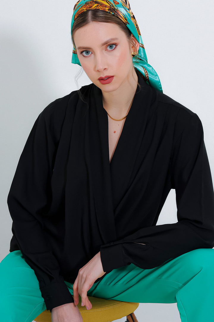 BGD Women Woman Black Wrap Neck Draped Satin Blouse 0492 - Avondale