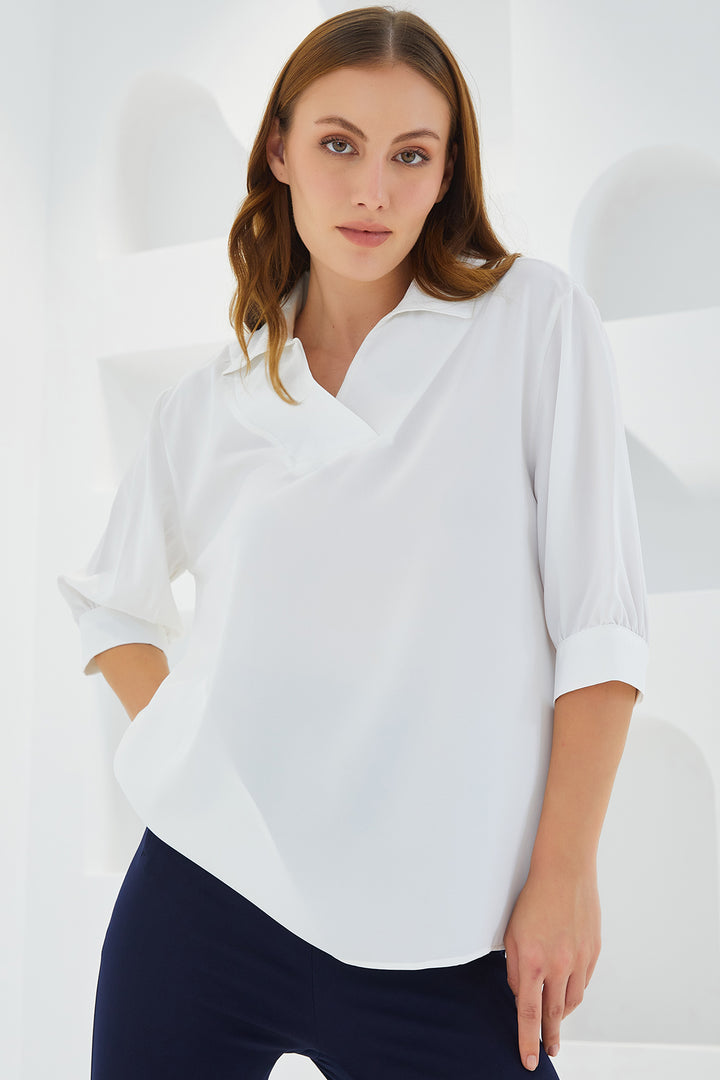 BGD Women Woman White Shirt Collar Satin Blouse 0493 - Avondale