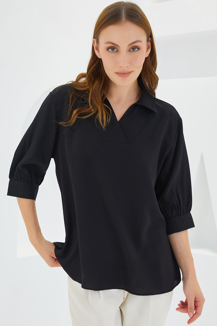 BGD Women Woman Black Shirt Collar Satin Blouse 0493 - Avondale