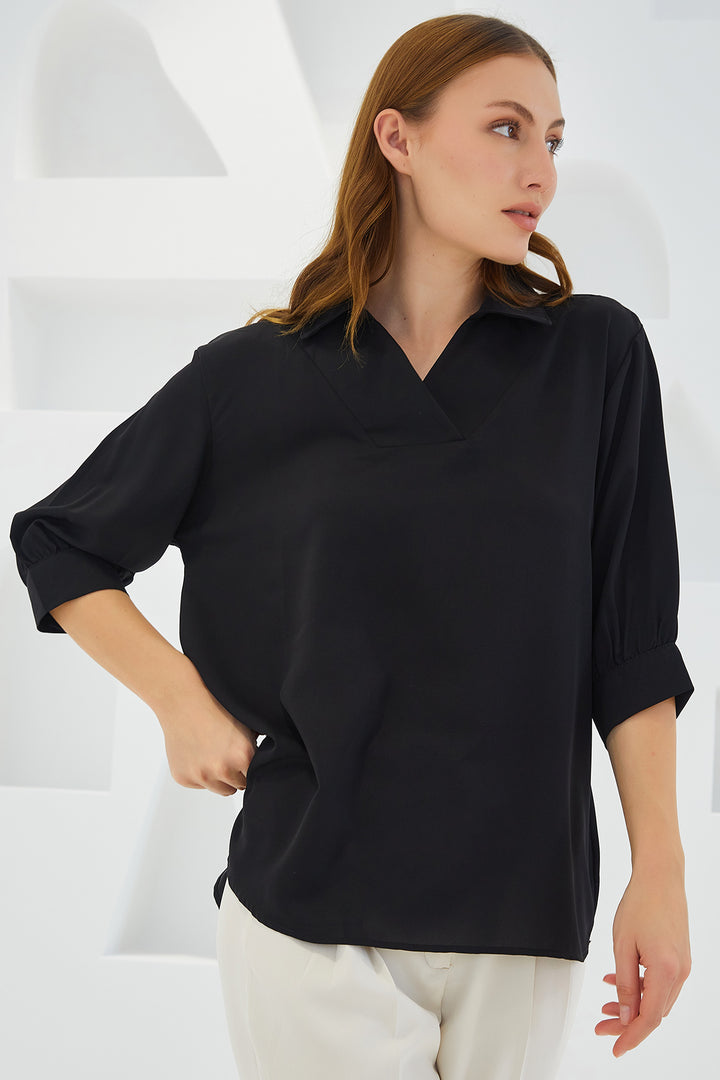 BGD Women Woman Black Shirt Collar Satin Blouse 0493 - Avondale