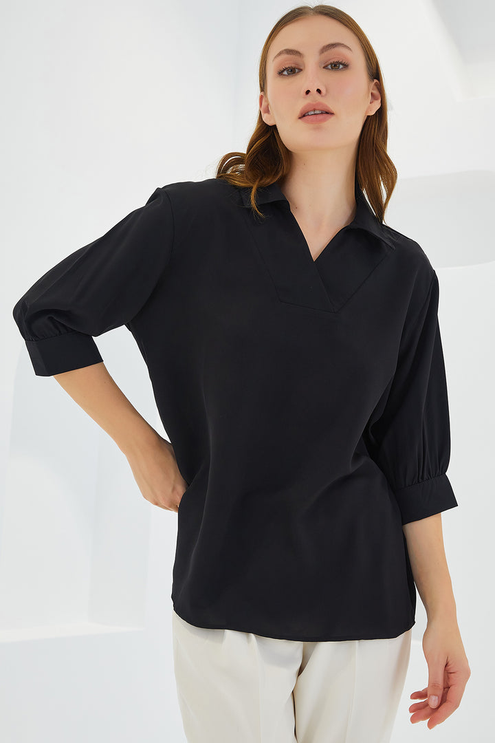 BGD Women Woman Black Shirt Collar Satin Blouse 0493 - Avondale