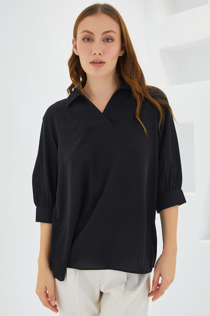 BGD Women Woman Black Shirt Collar Satin Blouse 0493 - Avondale