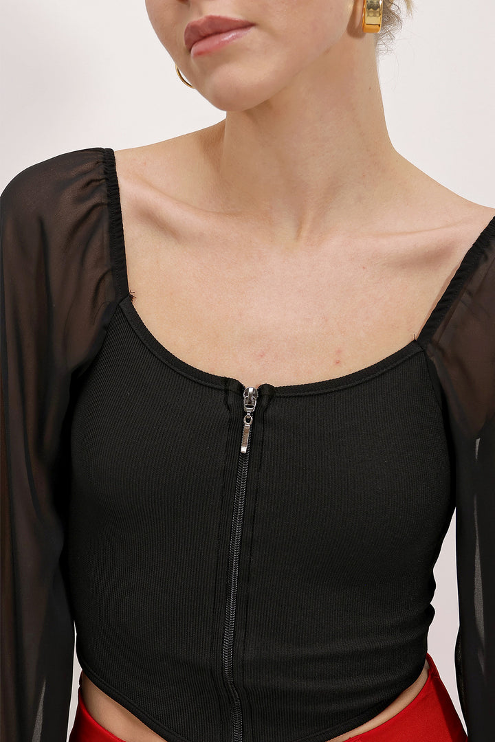 BGD Women Woman Black Chiffon Front Zip Blouse 0496 - Avondale