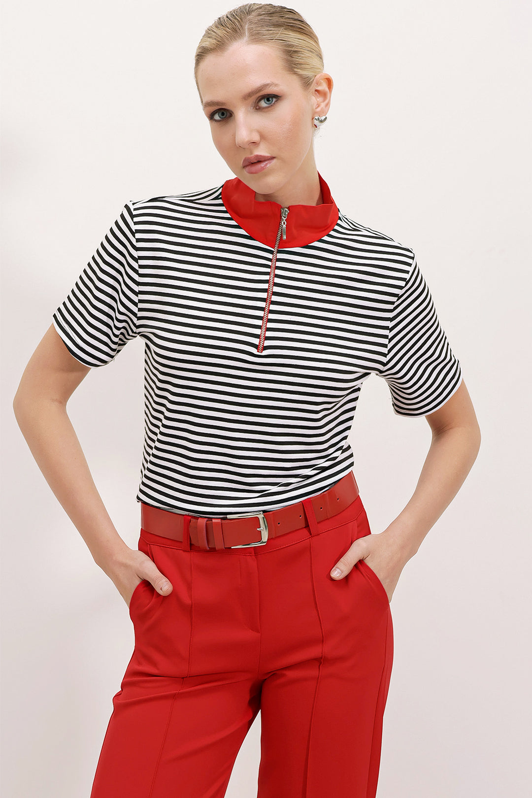 BGD Women Woman Red Polo Collar Striped Zippered T-shirt 0497 - Avondale