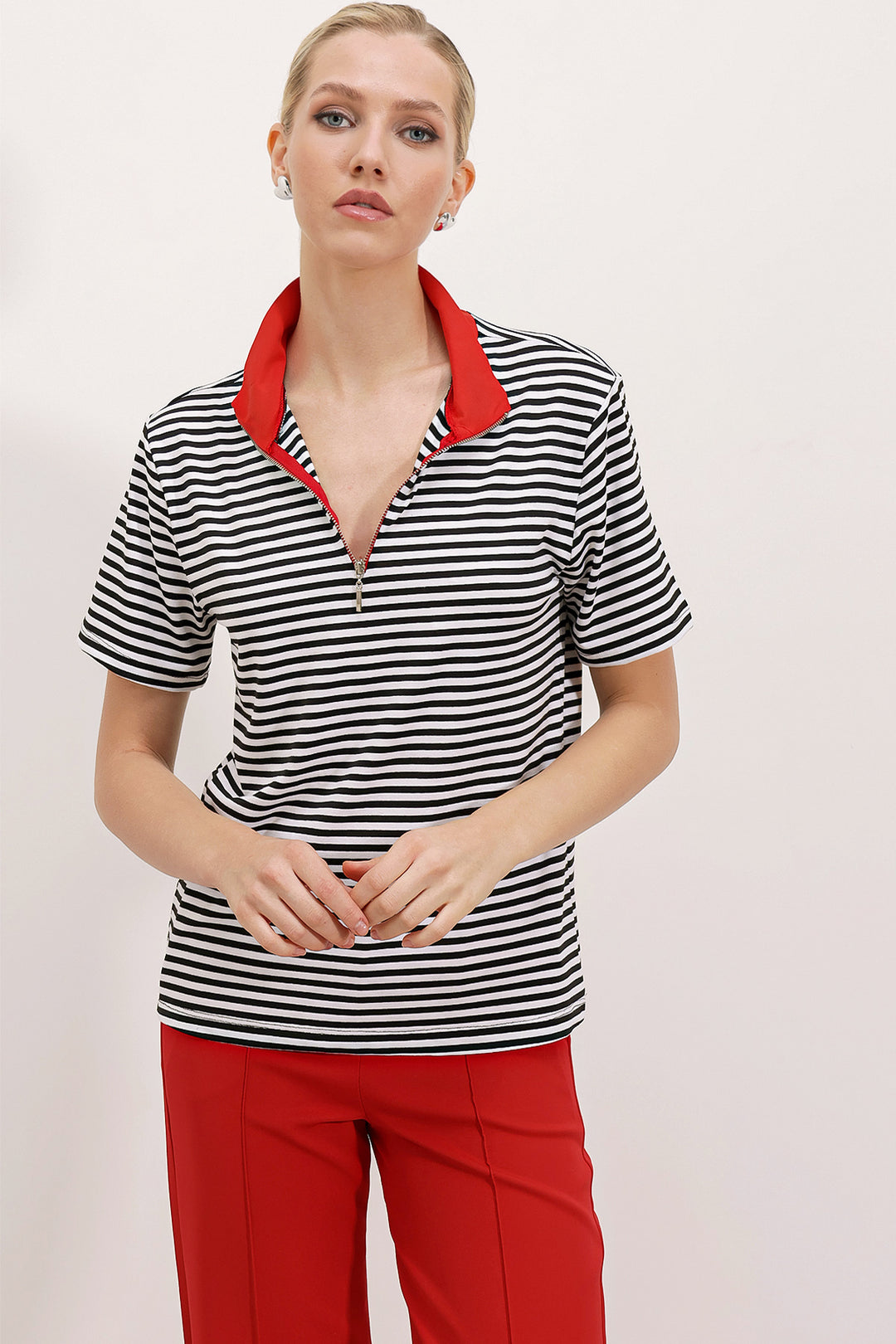 BGD Women Woman Red Polo Collar Striped Zippered T-shirt 0497 - Avondale