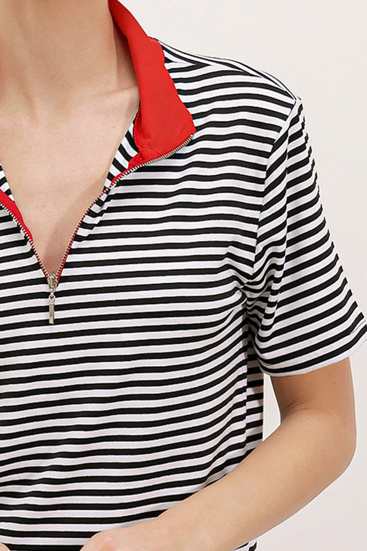 BGD Women Woman Red Polo Collar Striped Zippered T-shirt 0497 - Avondale