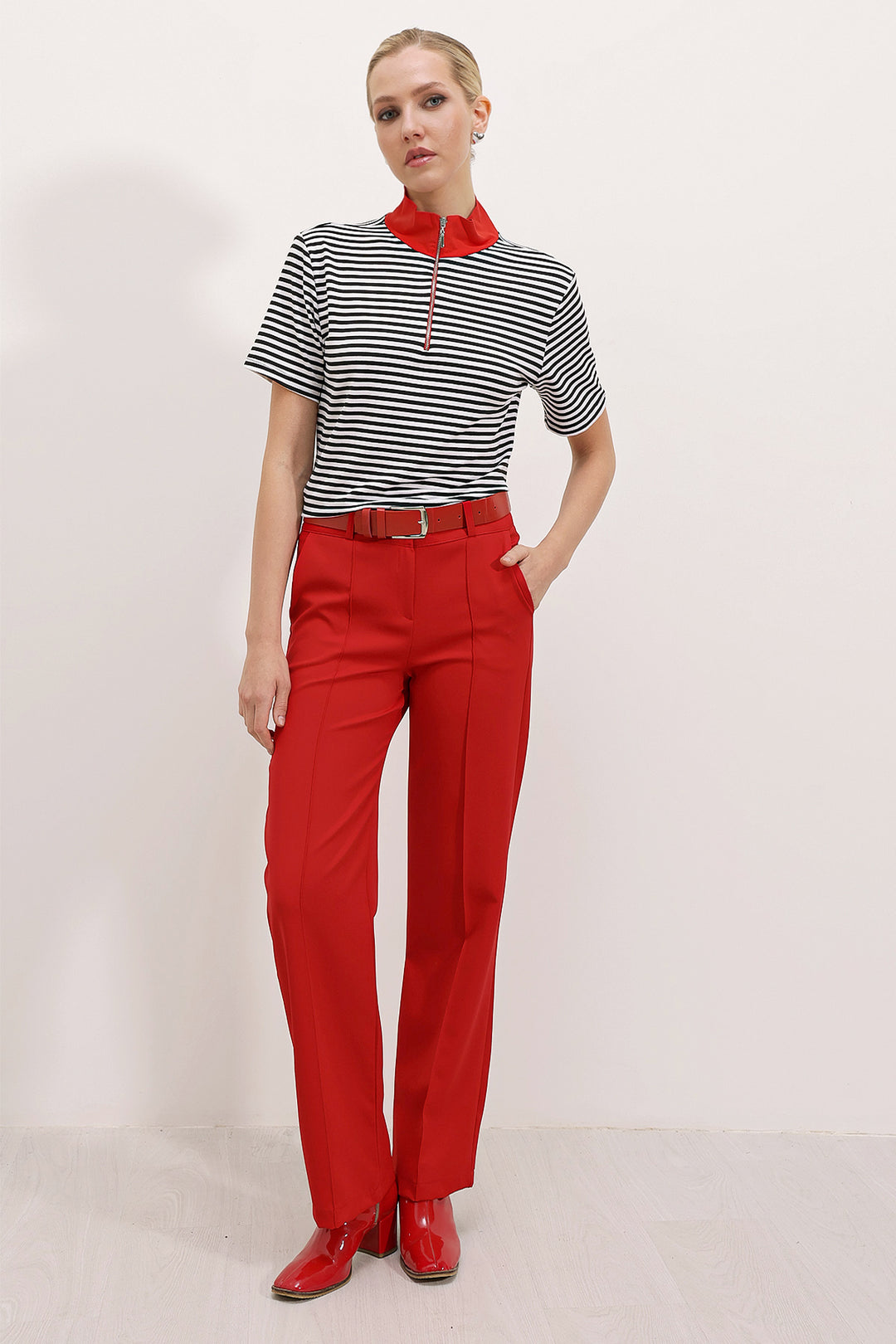 BGD Women Woman Red Polo Collar Striped Zippered T-shirt 0497 - Avondale