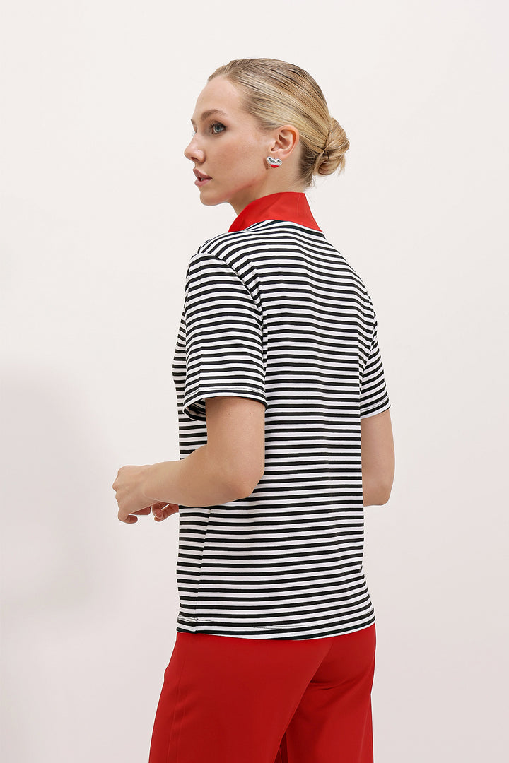 BGD Women Woman Red Polo Collar Striped Zippered T-shirt 0497 - Avondale