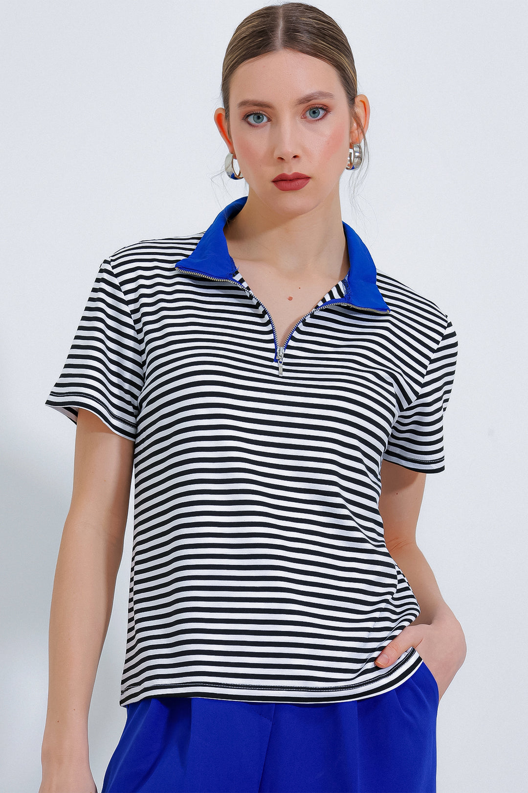 BGD Women Woman's Striped Polo Collar Zippered T-Shirt 0497 - Avondale