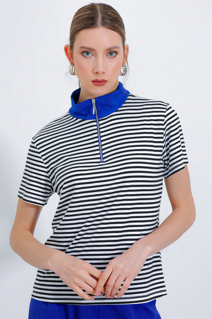 BGD Women Woman's Striped Polo Collar Zippered T-Shirt 0497 - Avondale