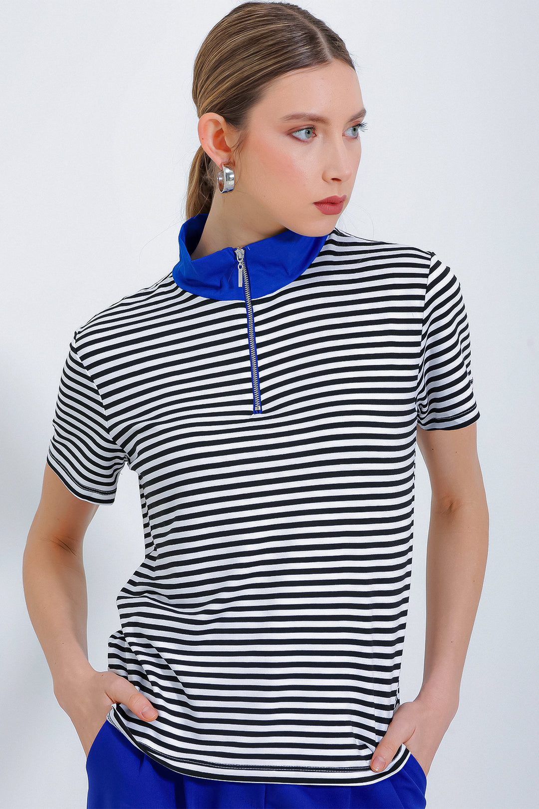 BGD Women Woman's Striped Polo Collar Zippered T-Shirt 0497 - Avondale