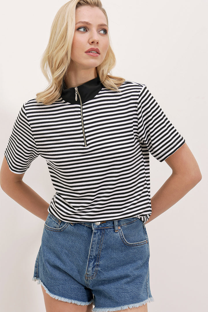 BGD Women Woman Black Polo Collar Striped T-shirt with Zipper 0497 - Avondale