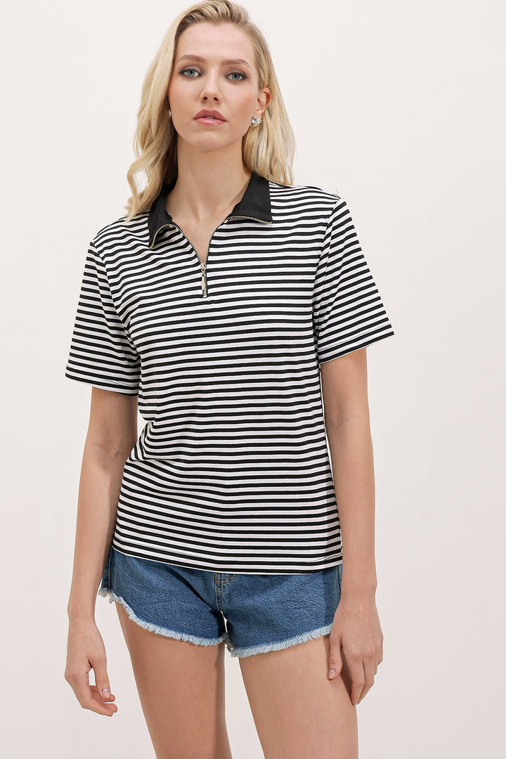 BGD Women Woman Black Polo Collar Striped T-shirt with Zipper 0497 - Avondale