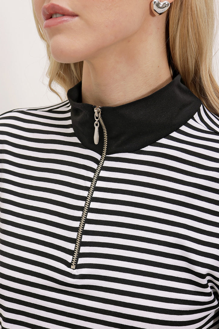 BGD Women Woman Black Polo Collar Striped T-shirt with Zipper 0497 - Avondale