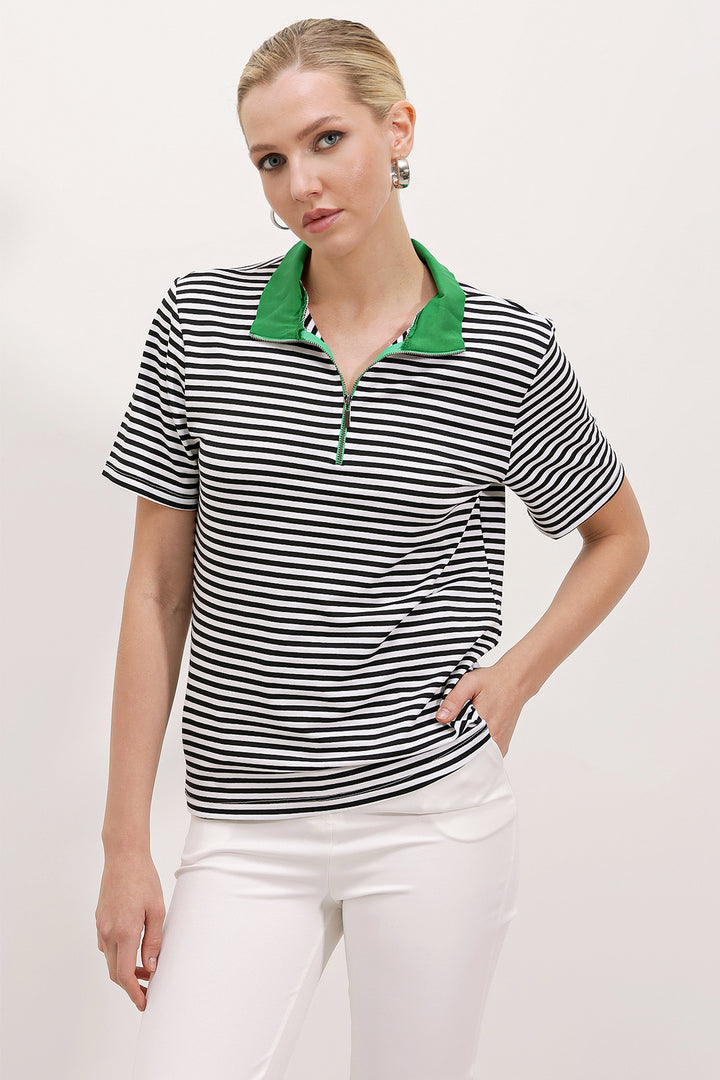 BGD Women Woman Green Polo Neck Striped T-shirt with Zipper 0497 - Avondale