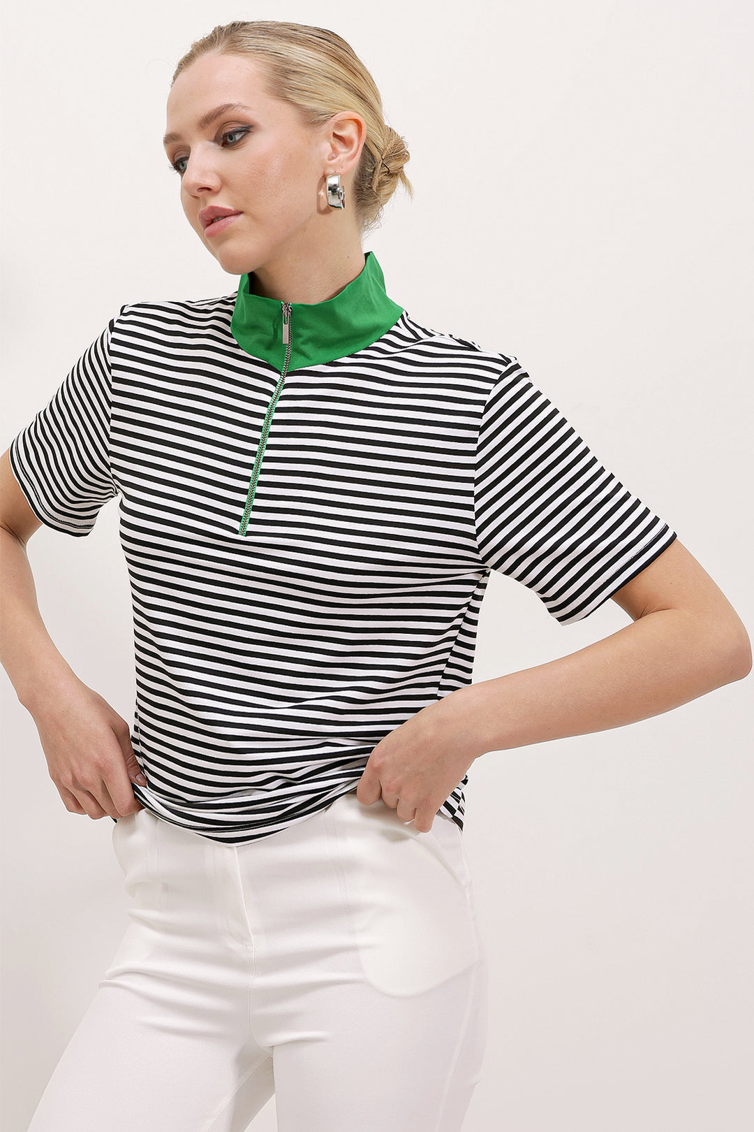 BGD Women Woman Green Polo Neck Striped T-shirt with Zipper 0497 - Avondale