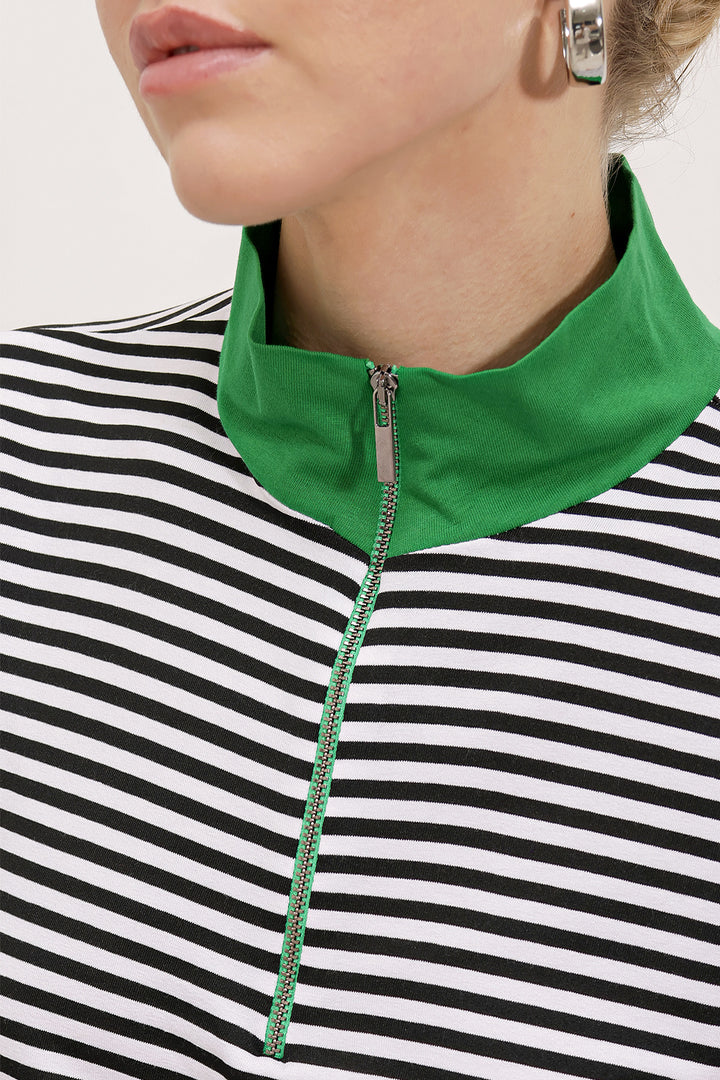 BGD Women Woman Green Polo Neck Striped T-shirt with Zipper 0497 - Avondale