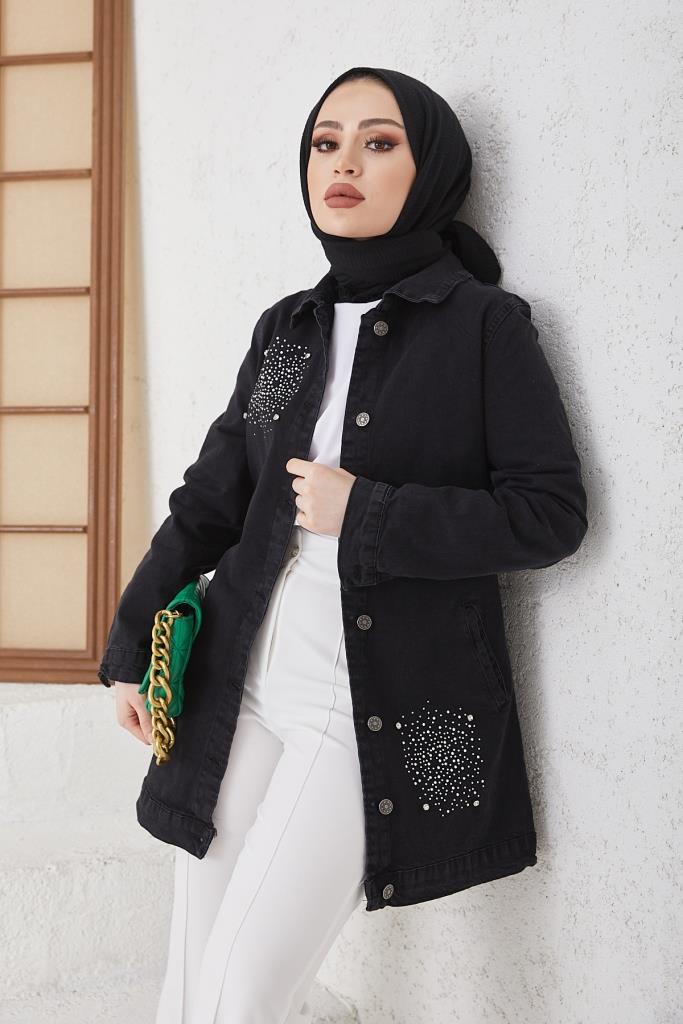 BNG Women Stone-embellished Hijab Denim Jacket Black - Clermont