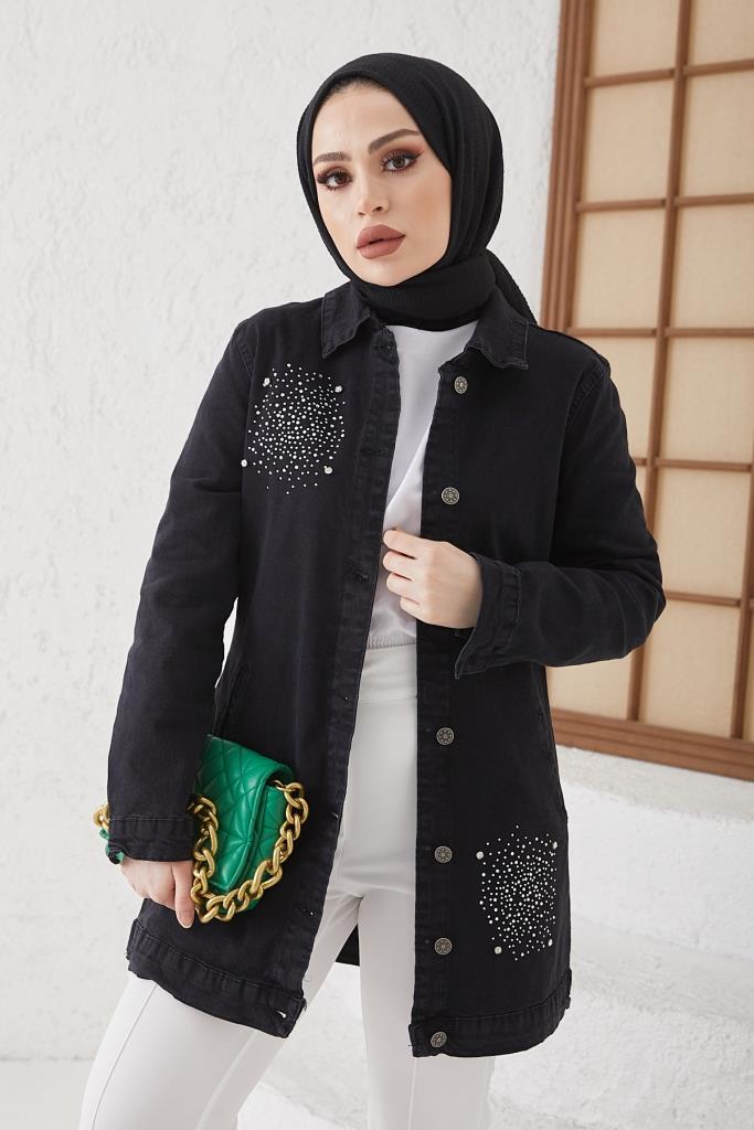 BNG Women Stone-embellished Hijab Denim Jacket Black - Clermont