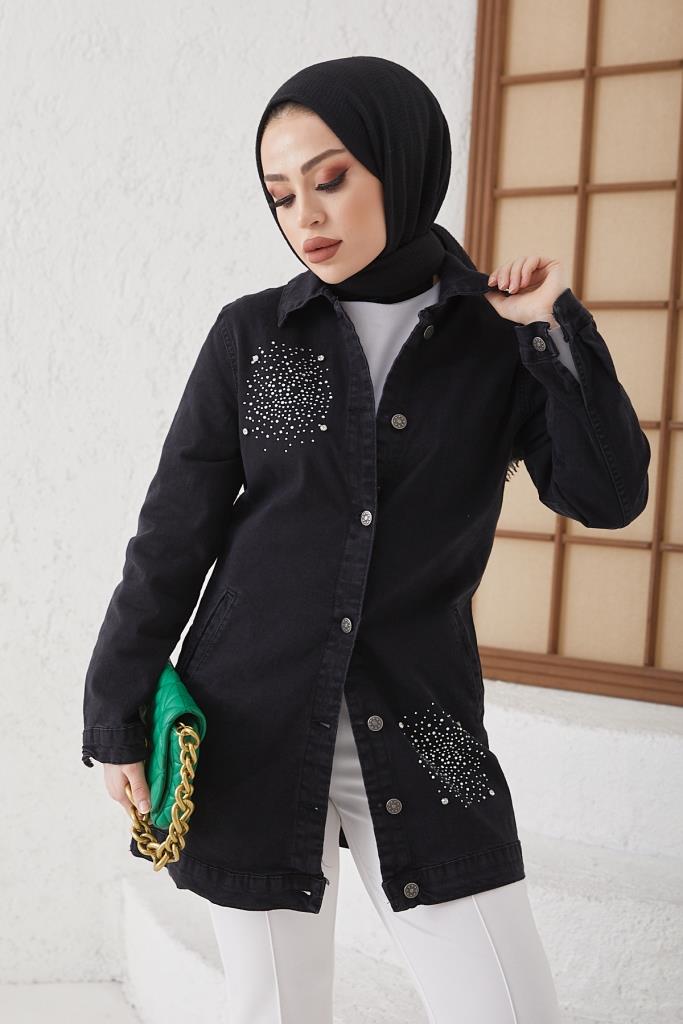 BNG Women Stone-embellished Hijab Denim Jacket Black - Clermont