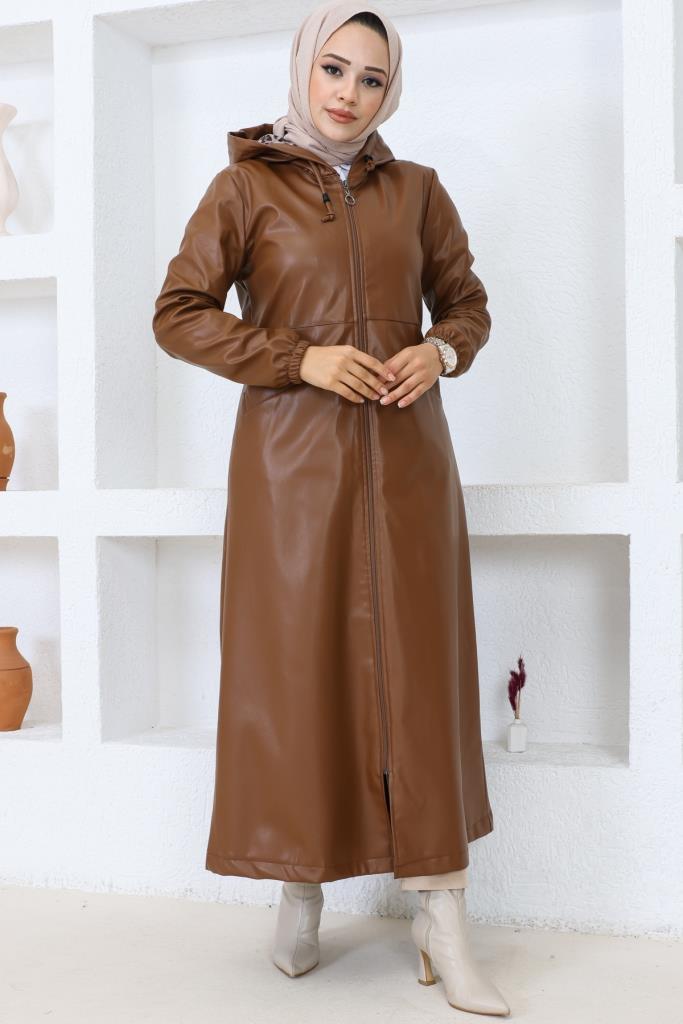 BNG Women Long Hijab Leather Trench Coat-Cap Brown - Clermont