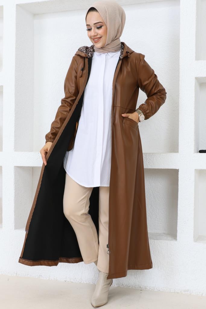 BNG Women Long Hijab Leather Trench Coat-Cap Brown - Clermont