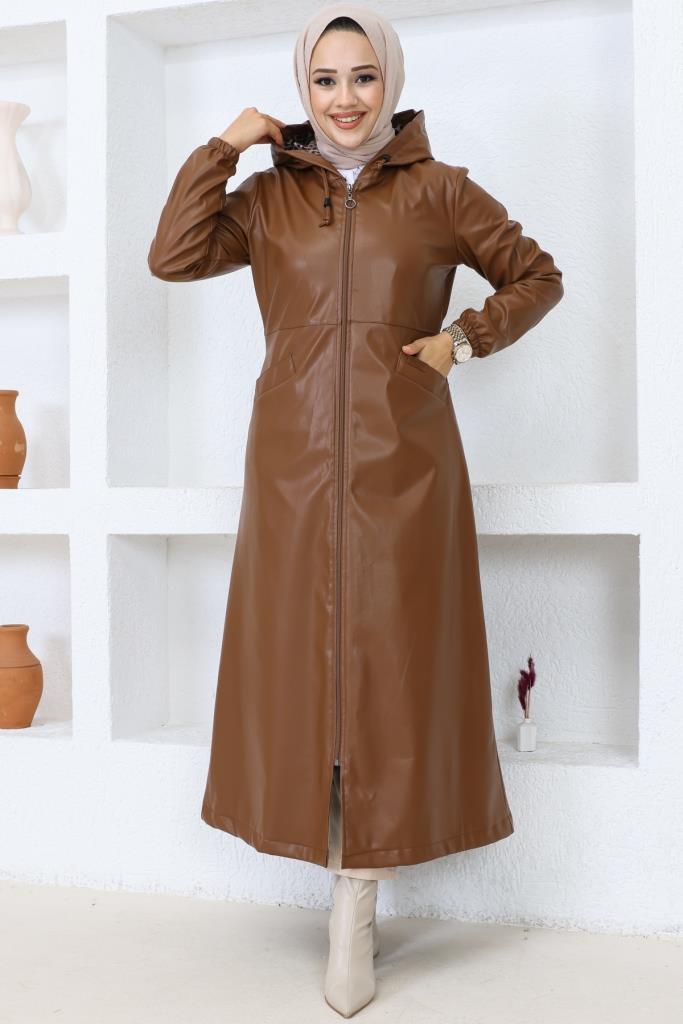 BNG Women Long Hijab Leather Trench Coat-Cap Brown - Clermont