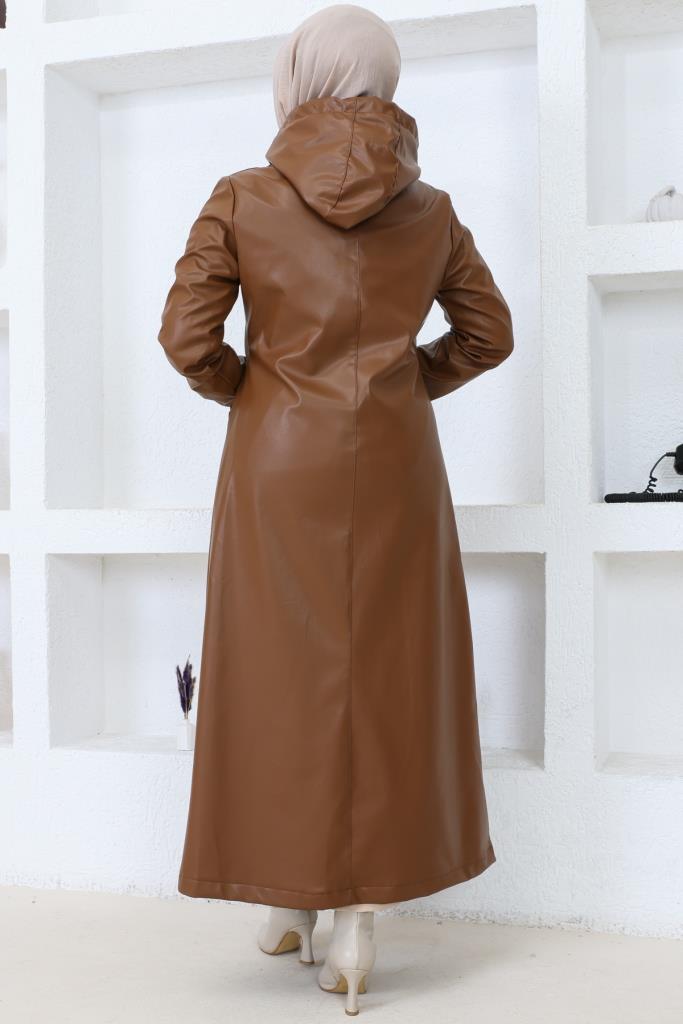 BNG Women Long Hijab Leather Trench Coat-Cap Brown - Clermont