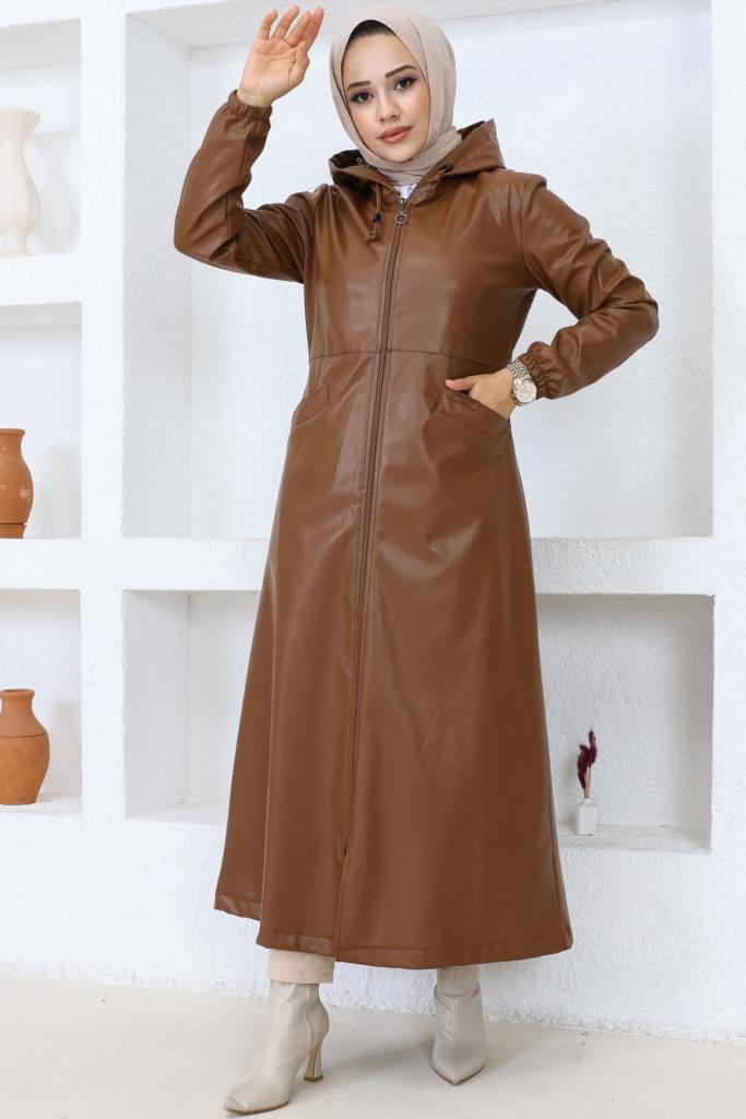 BNG Women Long Hijab Leather Trench Coat-Cap Brown - Clermont