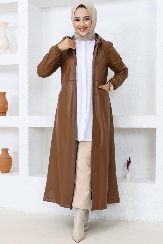 BNG Women Long Hijab Leather Trench Coat-Cap Brown - Clermont