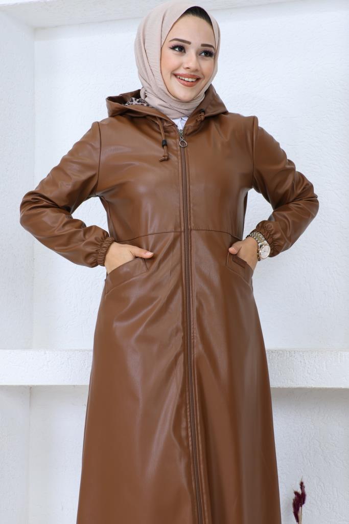 BNG Women Long Hijab Leather Trench Coat-Cap Brown - Clermont