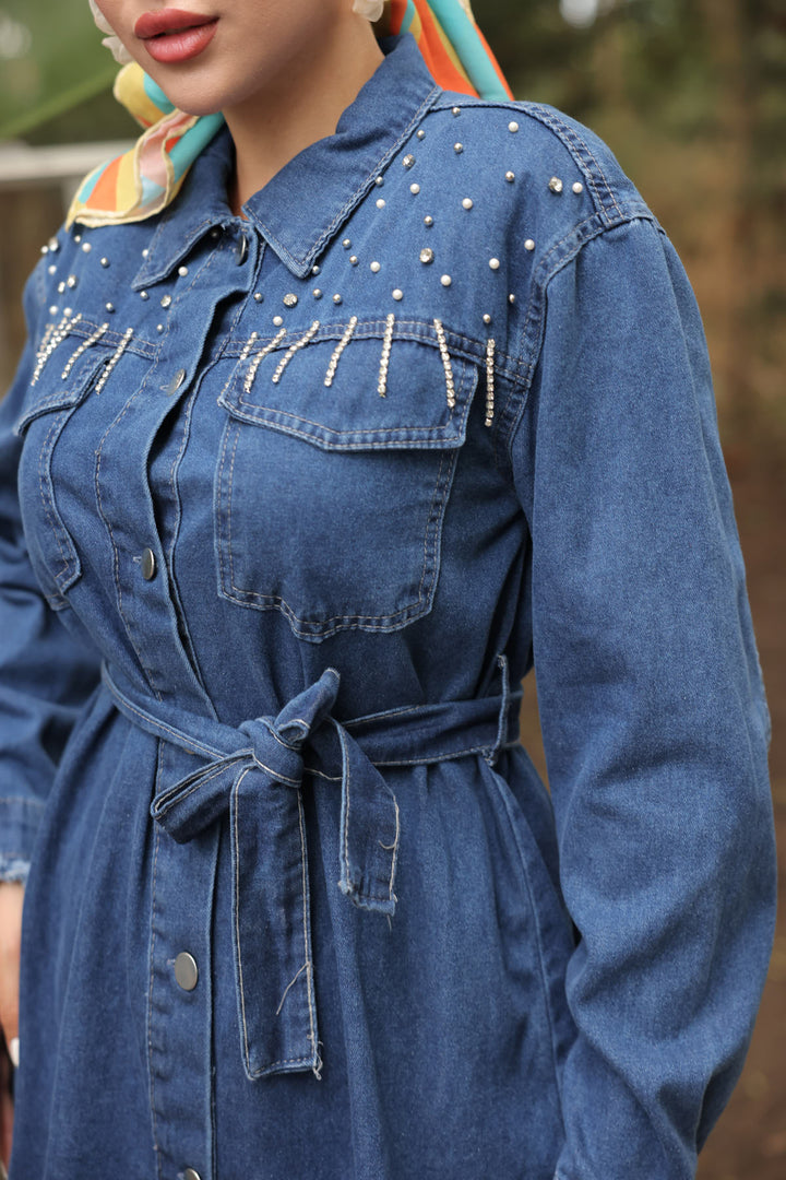 BNG Women  Stone-embellished Belted Denim Suit Navy - Clermont