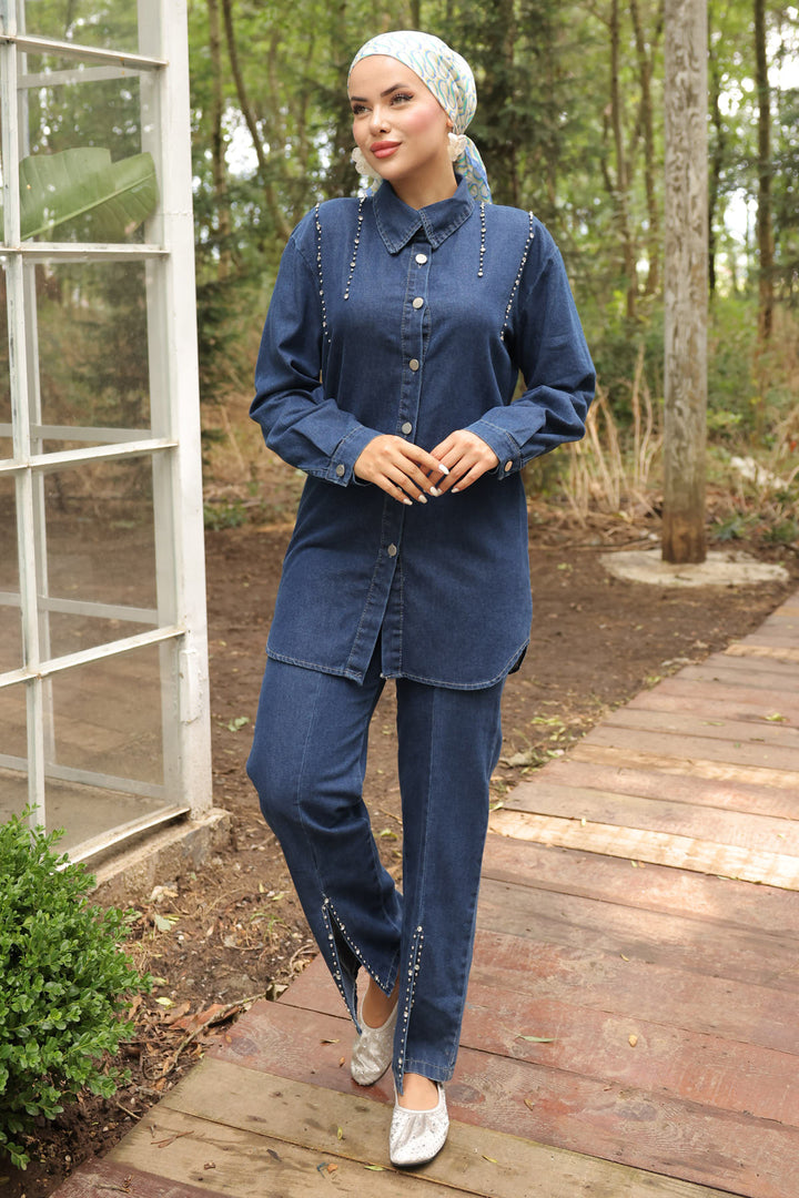 BNG Women Navy Blue Denim Suit with Stone Detailed Slit Hem - Clermont