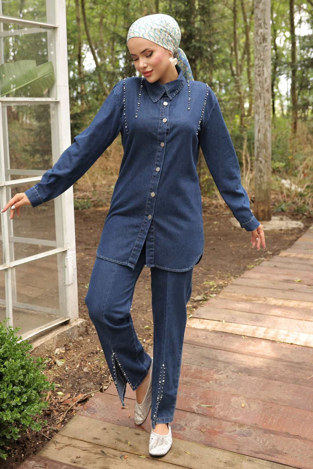 BNG Women Navy Blue Denim Suit with Stone Detailed Slit Hem - Clermont