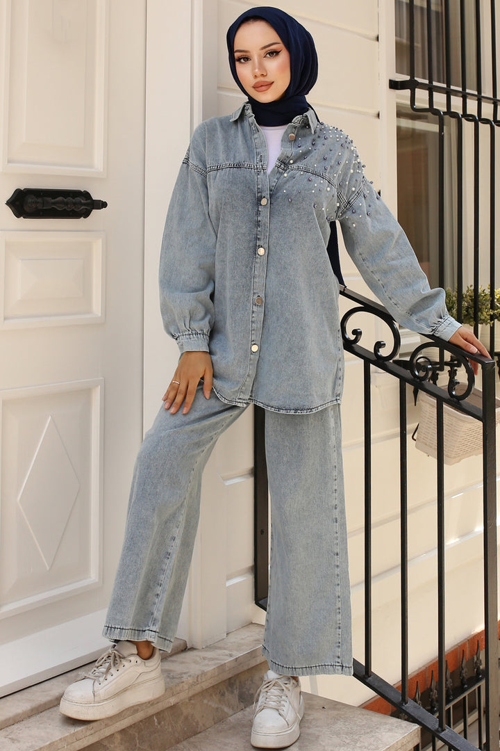 BNG Women Pearl Detailed Denim Suit Blue - Clermont