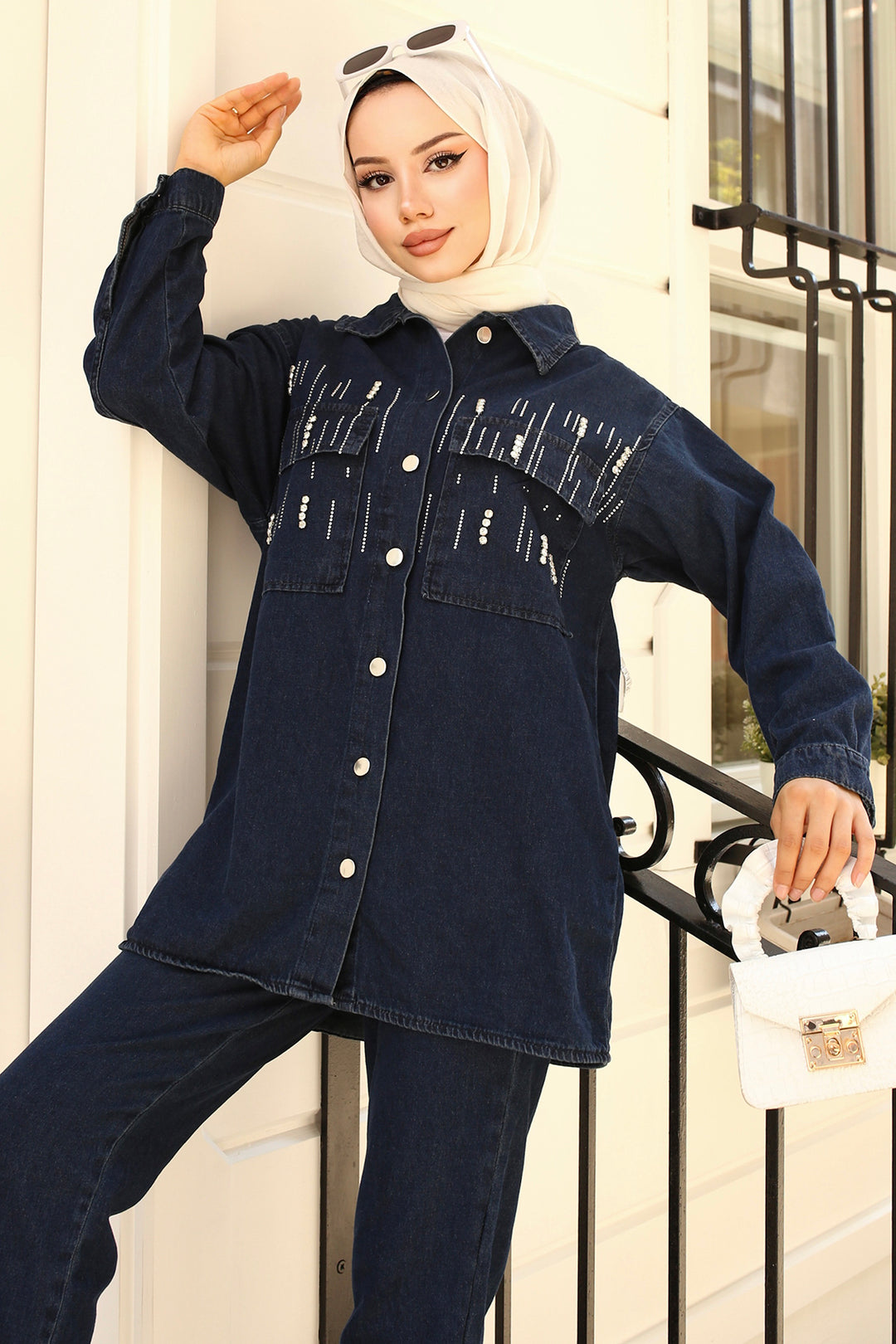 BNG Women Stone-Detailed Denim Suit Navy - Clermont