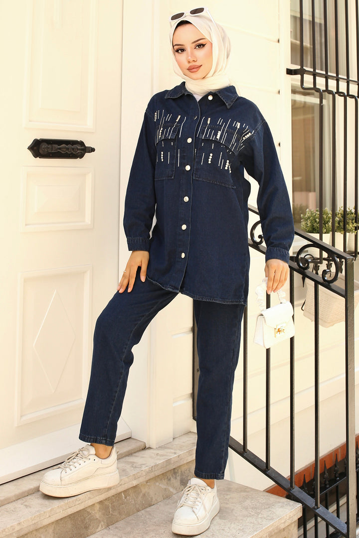 BNG Women Stone-Detailed Denim Suit Navy - Clermont