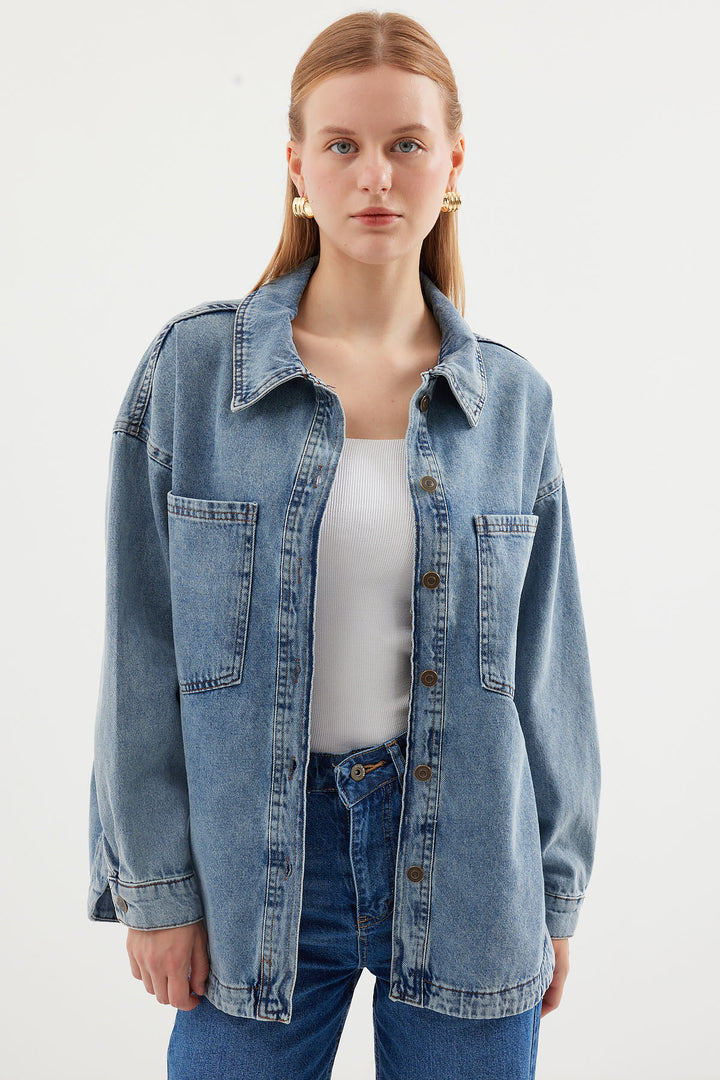 BGD Women Double Pocket Oversized Denim Jacket - Ice Blue - Avondale