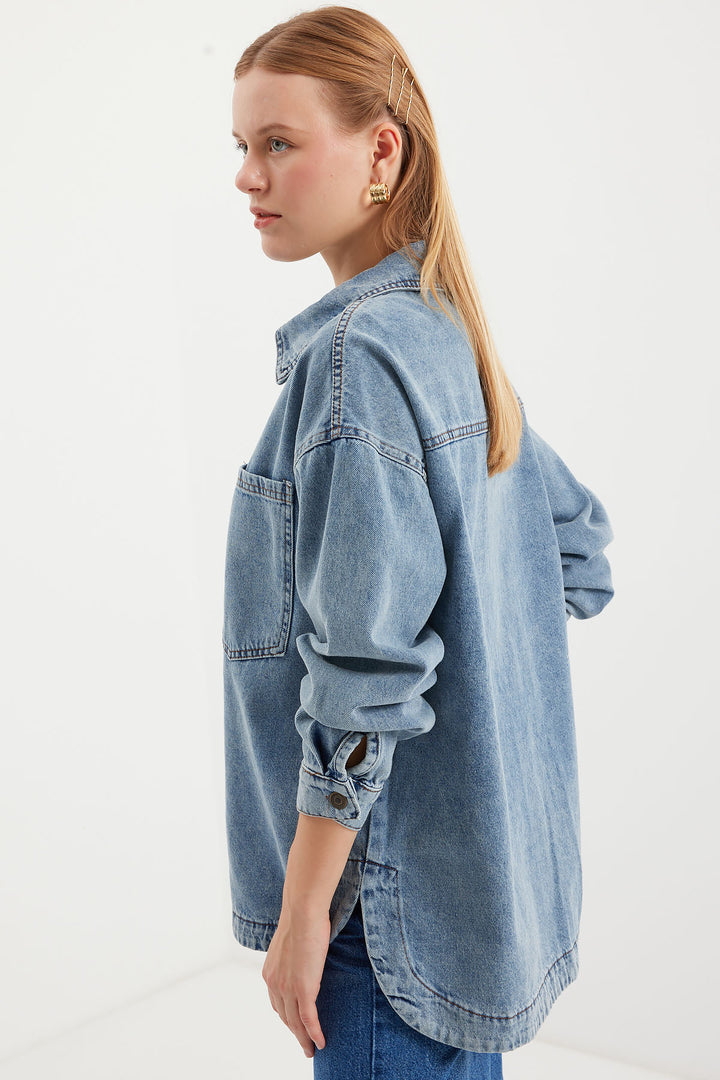 BGD Women Double Pocket Oversized Denim Jacket - Ice Blue - Avondale