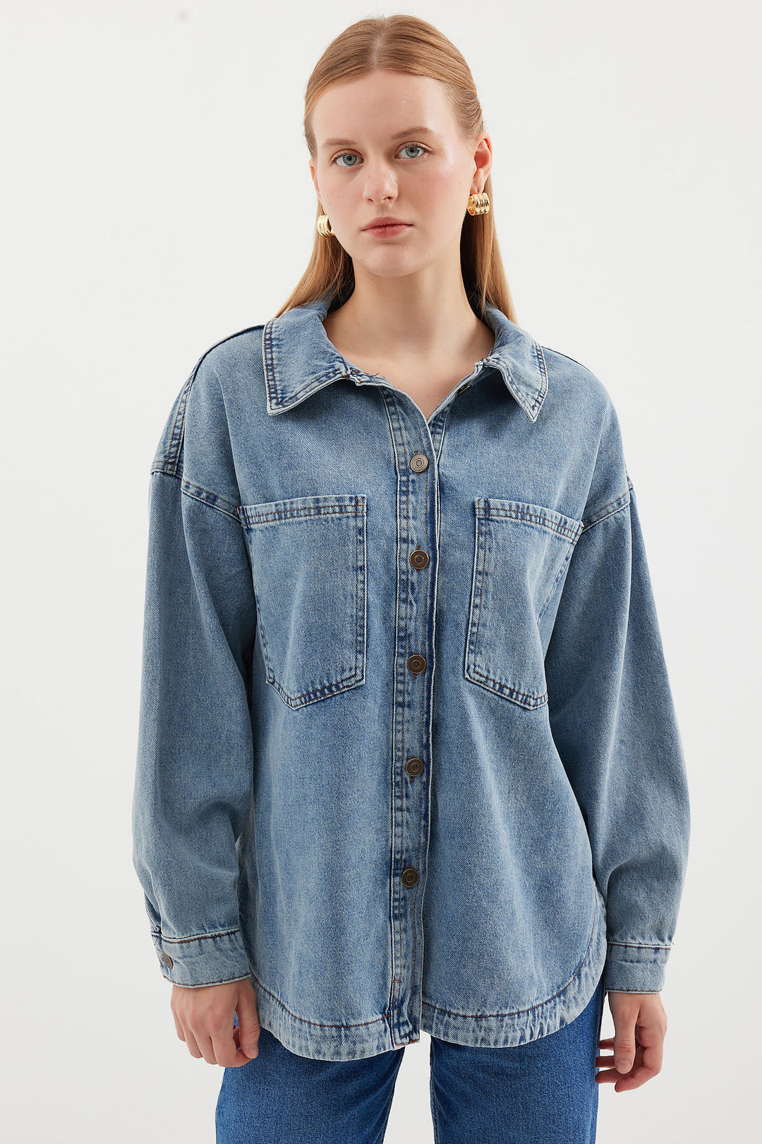 BGD Women Double Pocket Oversized Denim Jacket - Ice Blue - Avondale