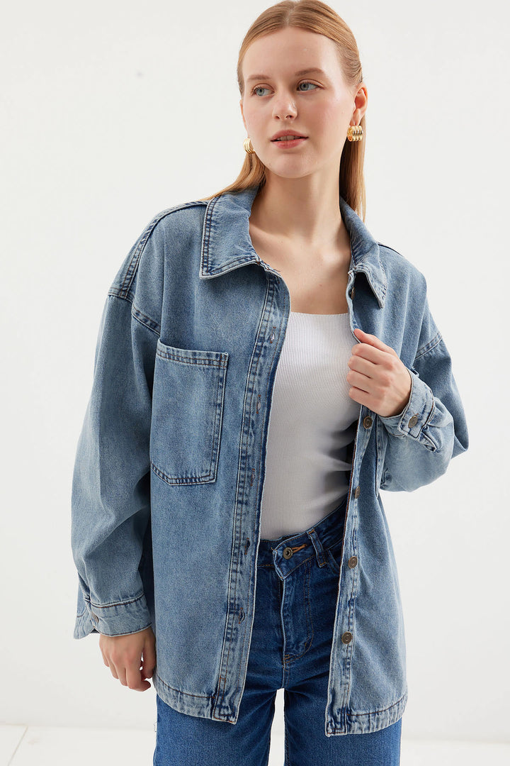 BGD Women Double Pocket Oversized Denim Jacket - Ice Blue - Avondale