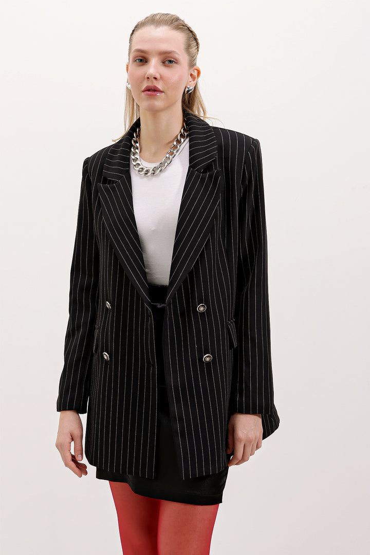 BGD Women Woman Black Double Breasted Striped Blazer Jacket 0699 - Avondale