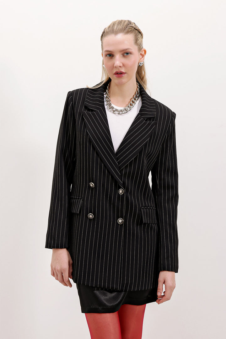 BGD Women Woman Black Double Breasted Striped Blazer Jacket 0699 - Avondale