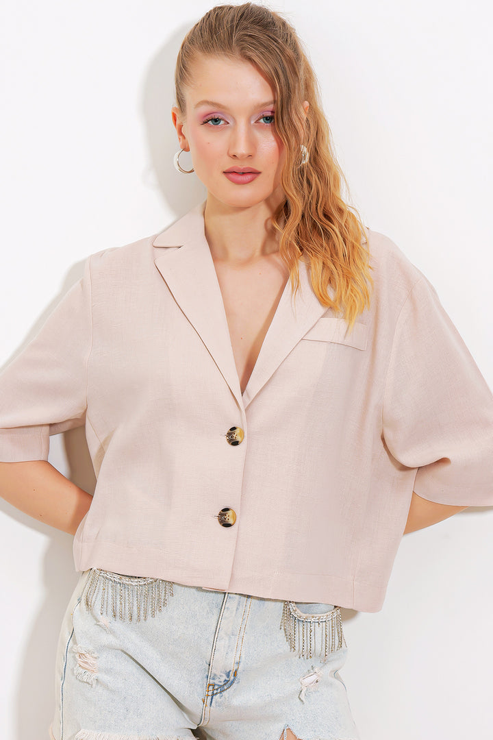 BGD Women Woman Cream Double Button Oversize Crop Linen Jacket 0706 - Avondale