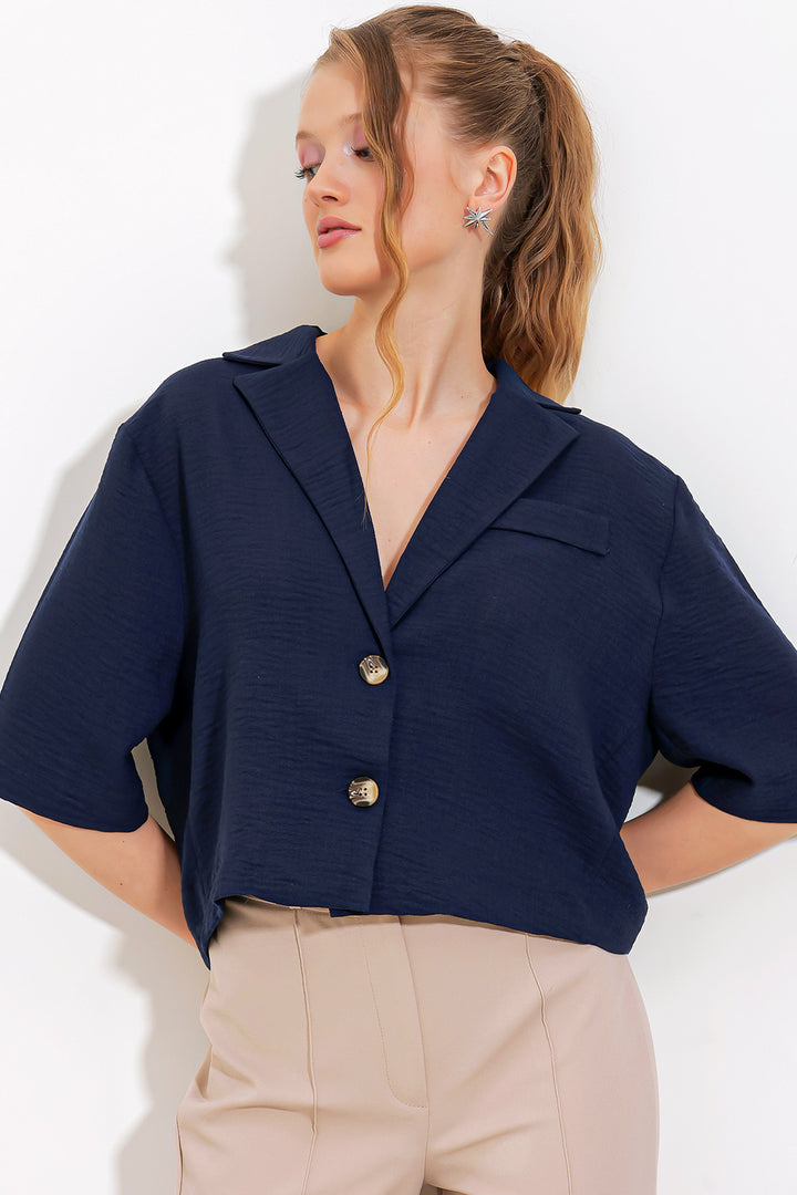 BGD Women Woman Navy Blue Double Button Oversize Crop Linen Jacket 0706 - Avondale