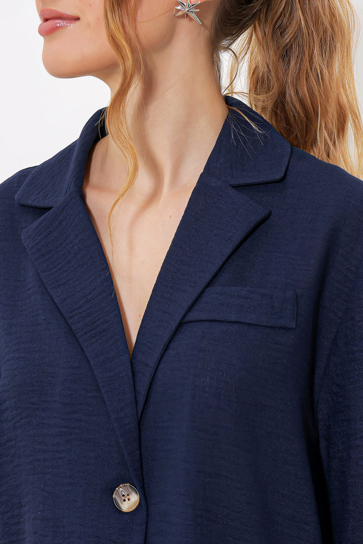 BGD Women Woman Navy Blue Double Button Oversize Crop Linen Jacket 0706 - Avondale