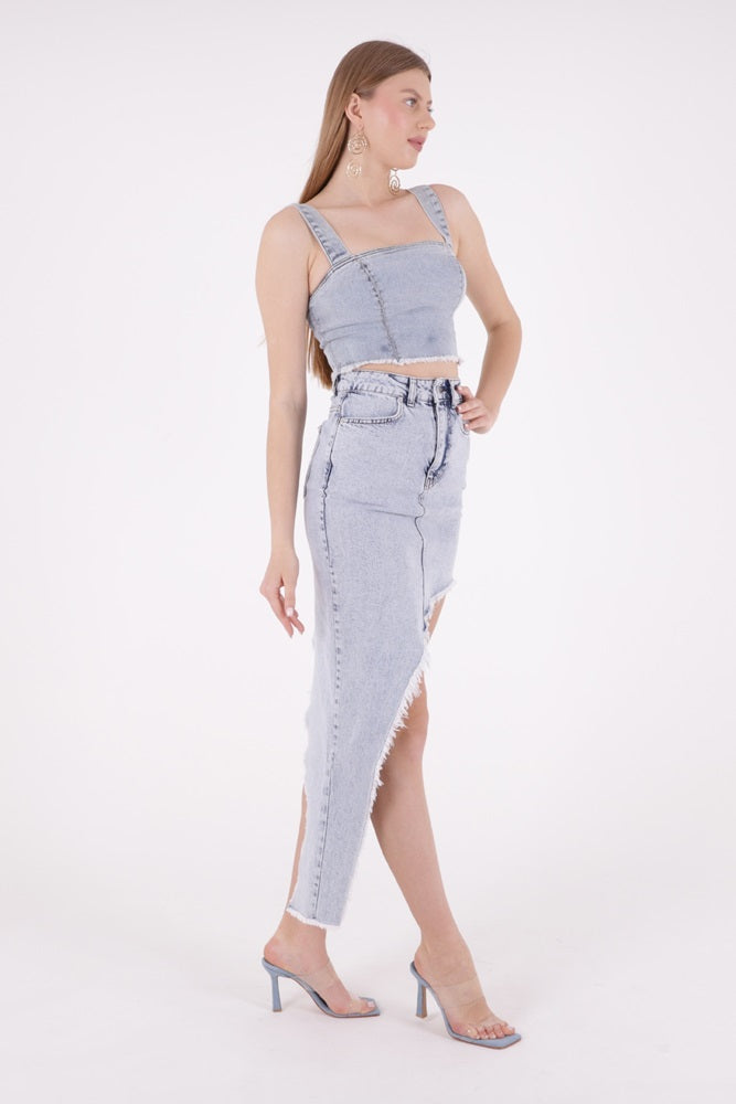 XLJ Diagonal Cut Denim Skirt with Fringe Finish Mixed - Livorno